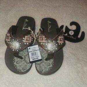 NWT~MONTANA WEST~Pink Brown Bling Embroidered Diamond Wedge FLIP FLOPS~Sz 9 & 11